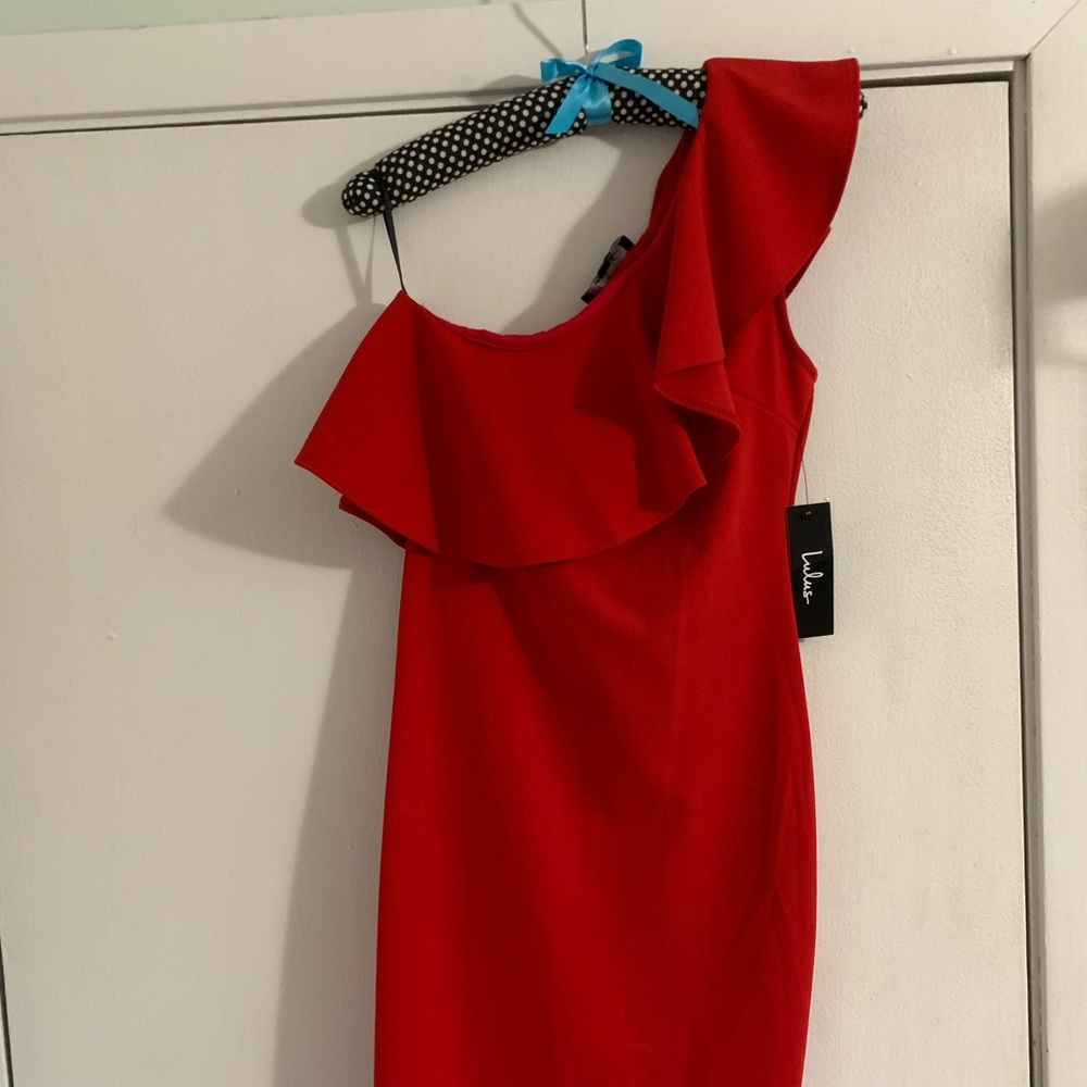 Red One Shoulder Mini Dress with Ruffle detail